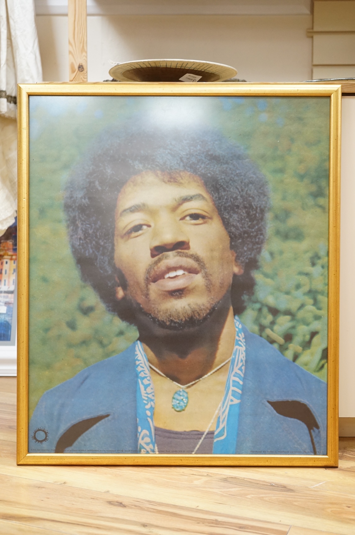Jimi Hendrix interest; a framed poster taken from a photograph taken in 1970 by his girlfriend Monika Dannemann, published by Splash Posters Ltd. and printed by Higginson and Harris Ltd., 70 x 59cm
